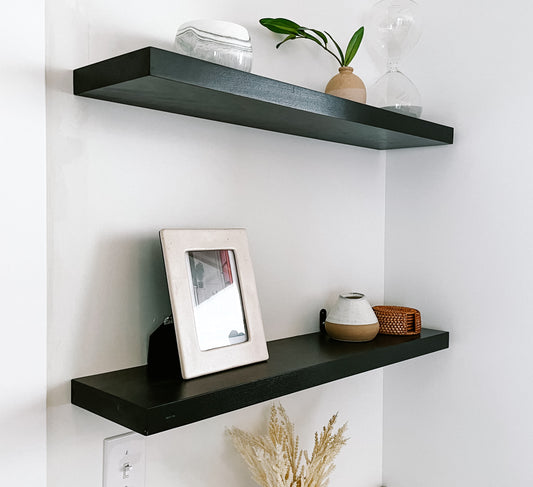 Black solid wood floating shelves