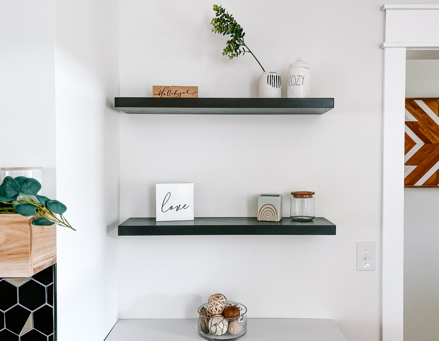Black solid wood floating shelves