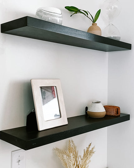 Black solid wood floating shelves