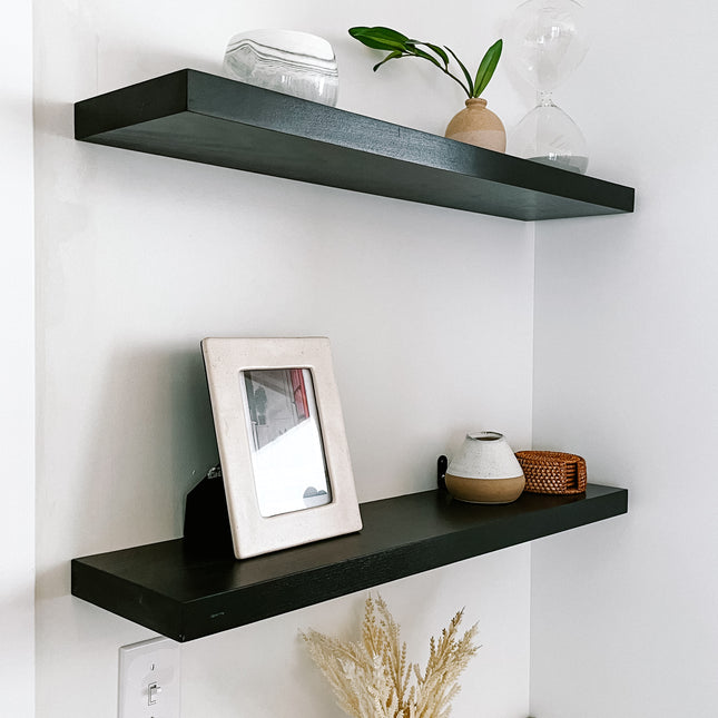 Black solid wood floating shelves