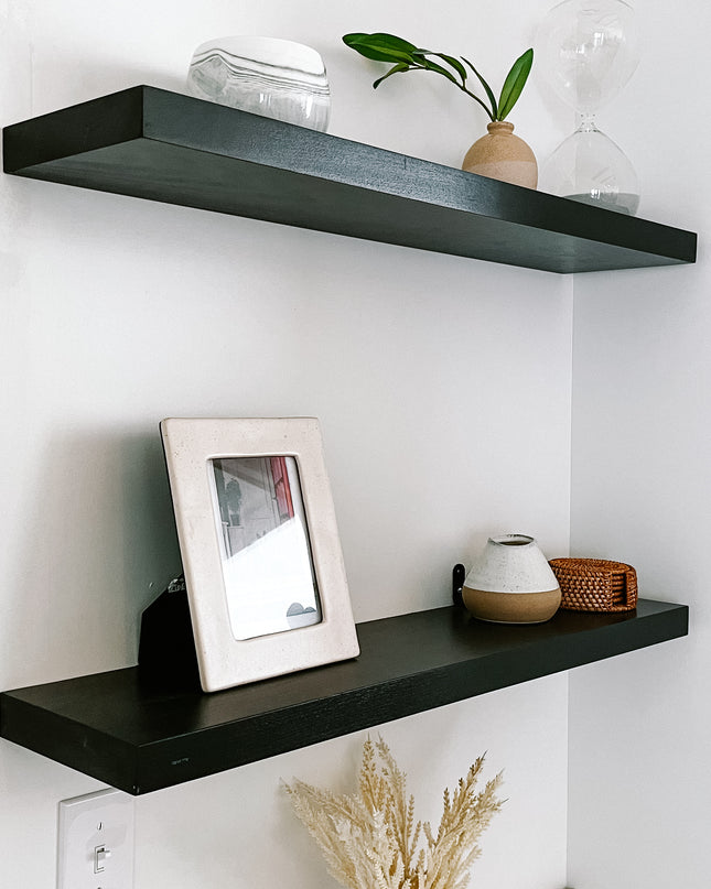 Black solid wood floating shelves