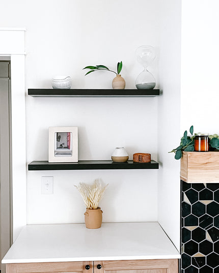 Black solid wood floating shelves