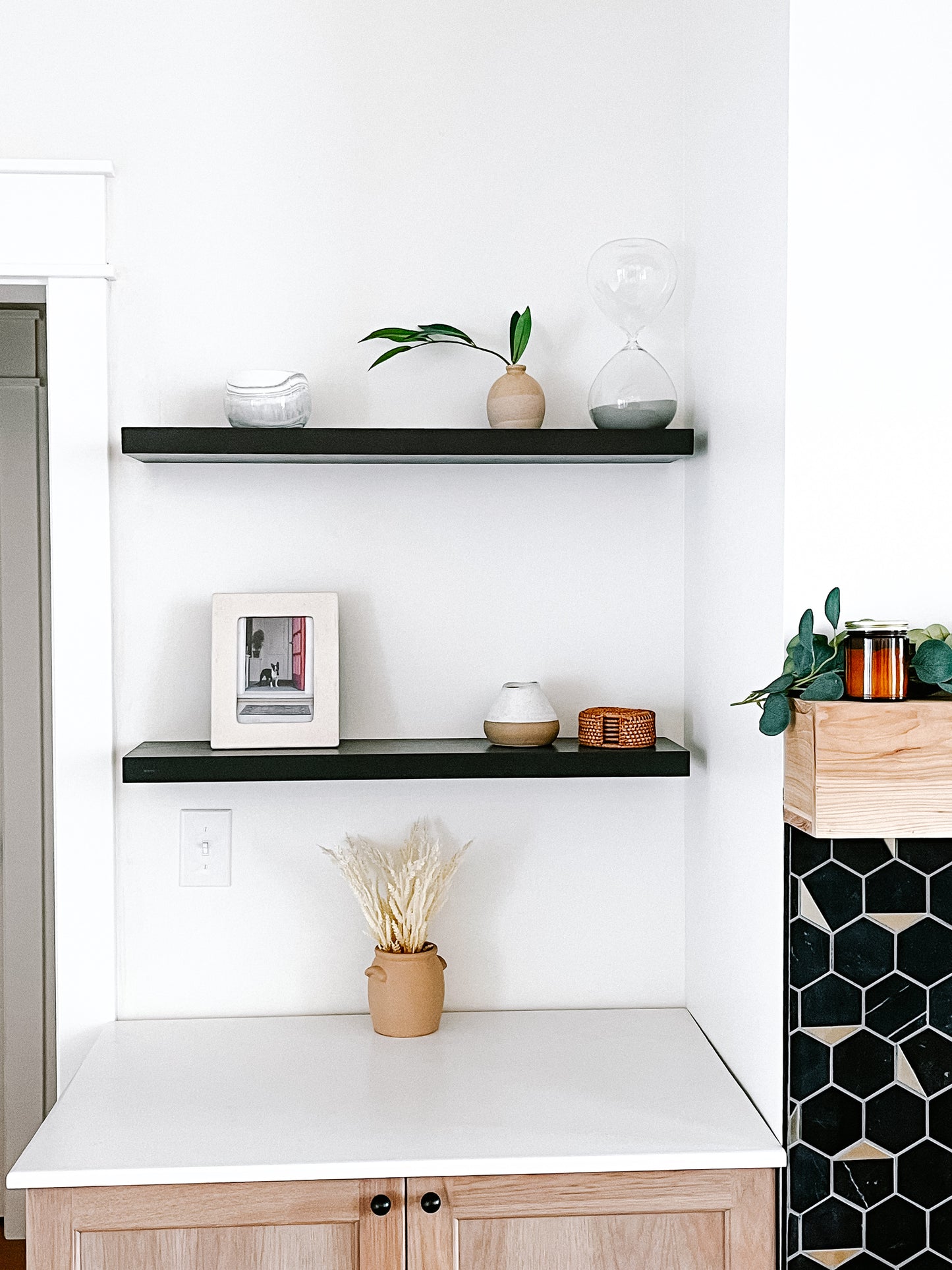 Black solid wood floating shelves