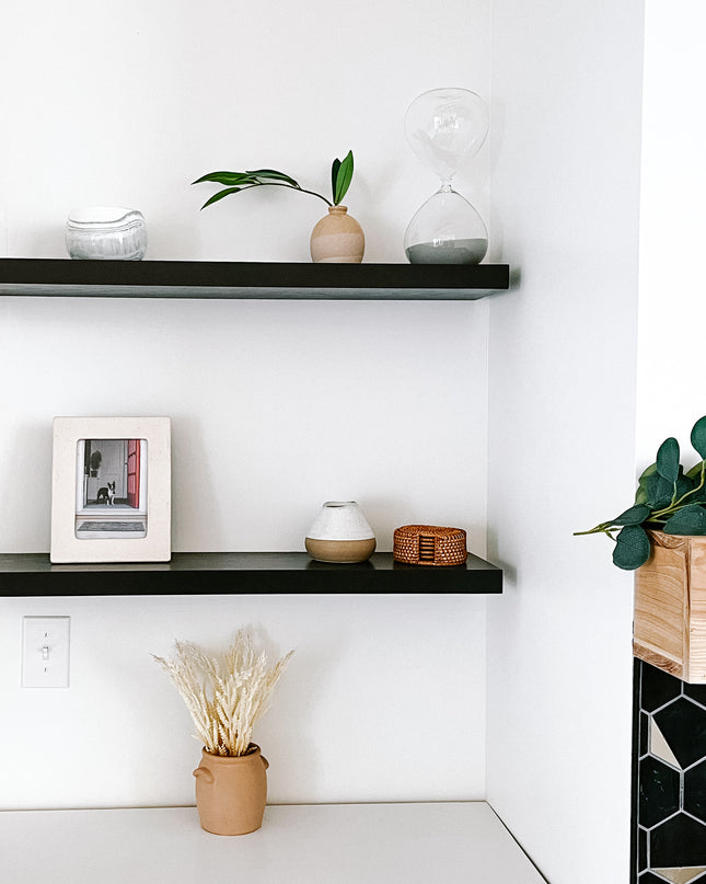 Black solid wood floating shelves