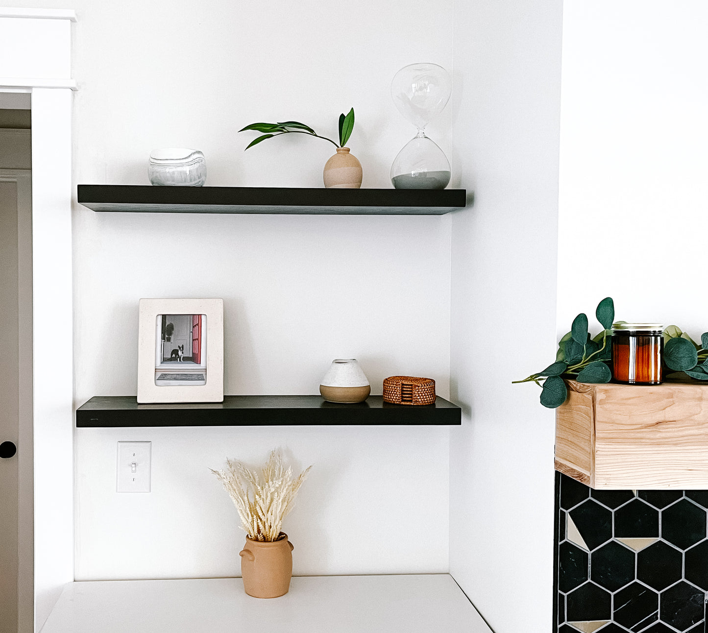 Black solid wood floating shelves