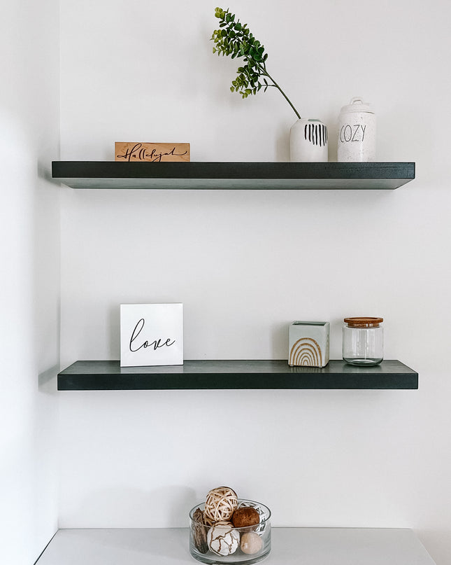 Black solid wood floating shelves