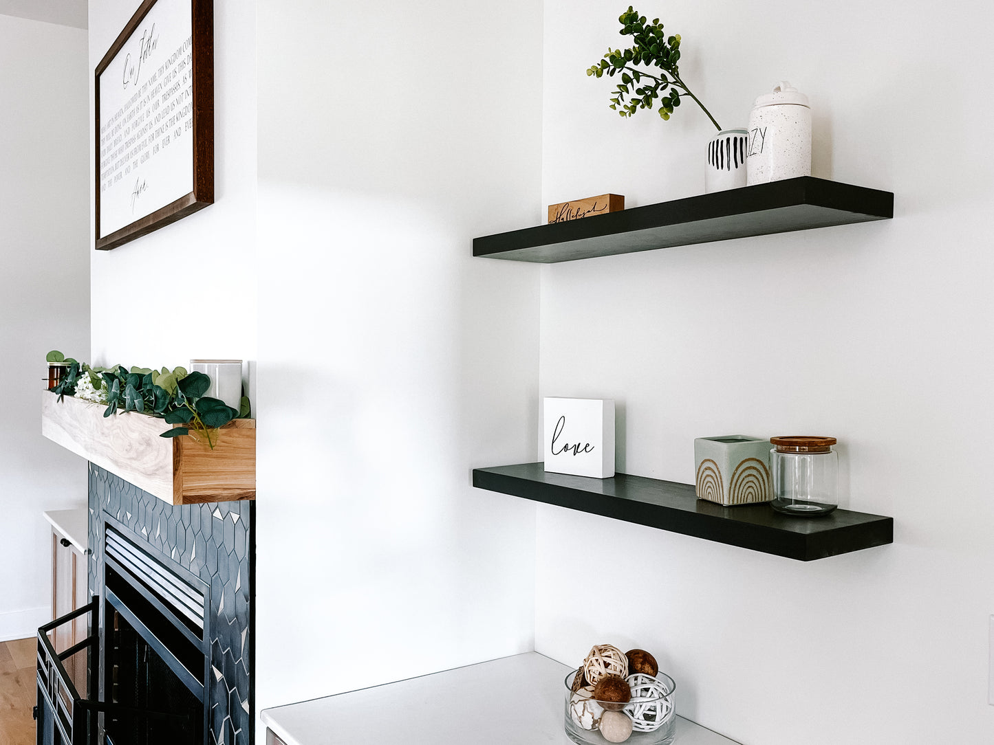 Black solid wood floating shelves