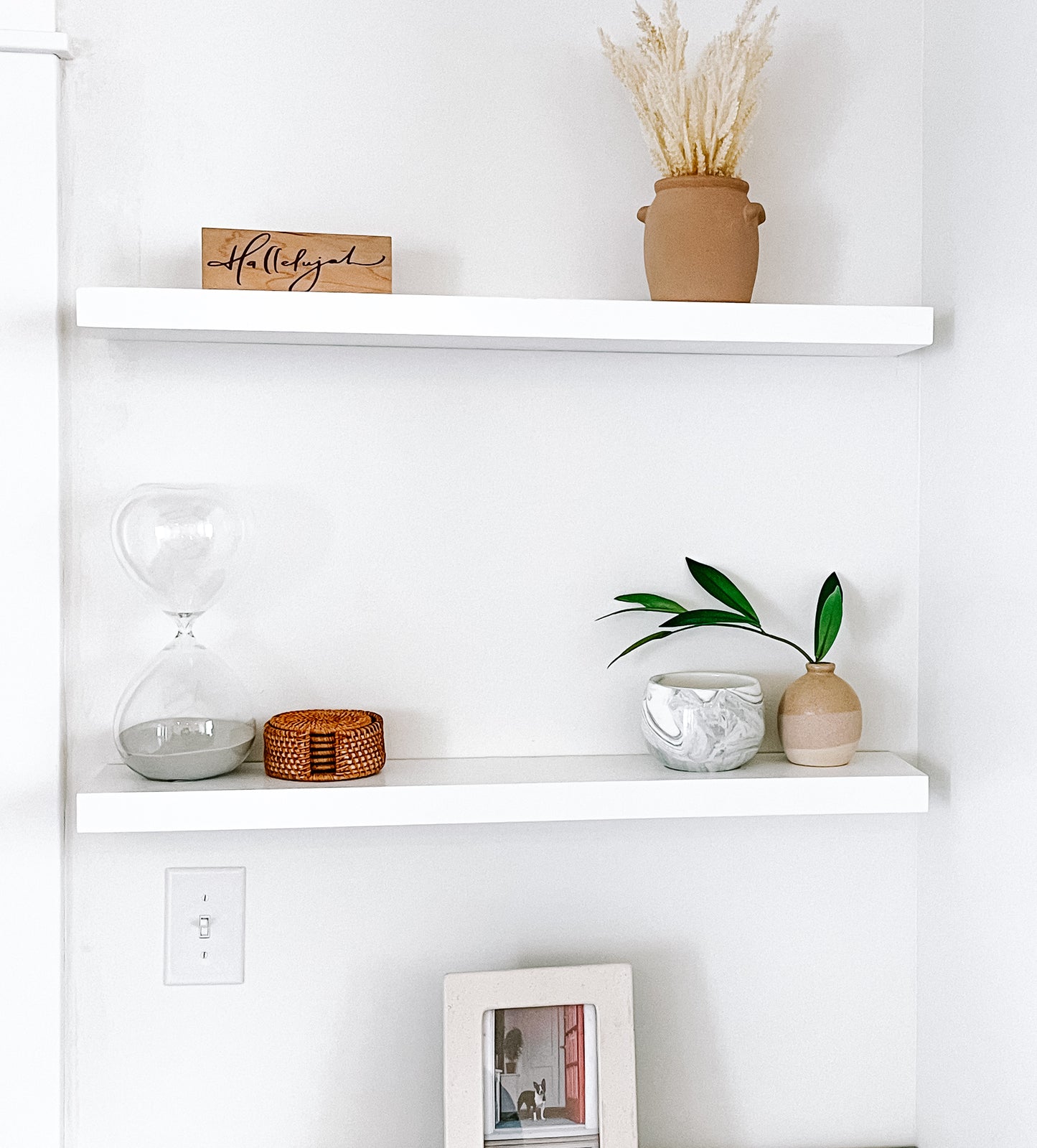 White solid wood floating shelves